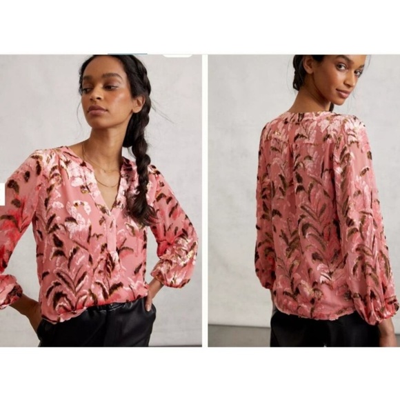 Anthropologie Lori Burnout Velvet Blouse Silk Blend Metallic Top NWOT Size XL - Picture 2 of 15